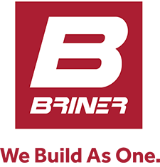Briner logo white B and word Briner on a red background